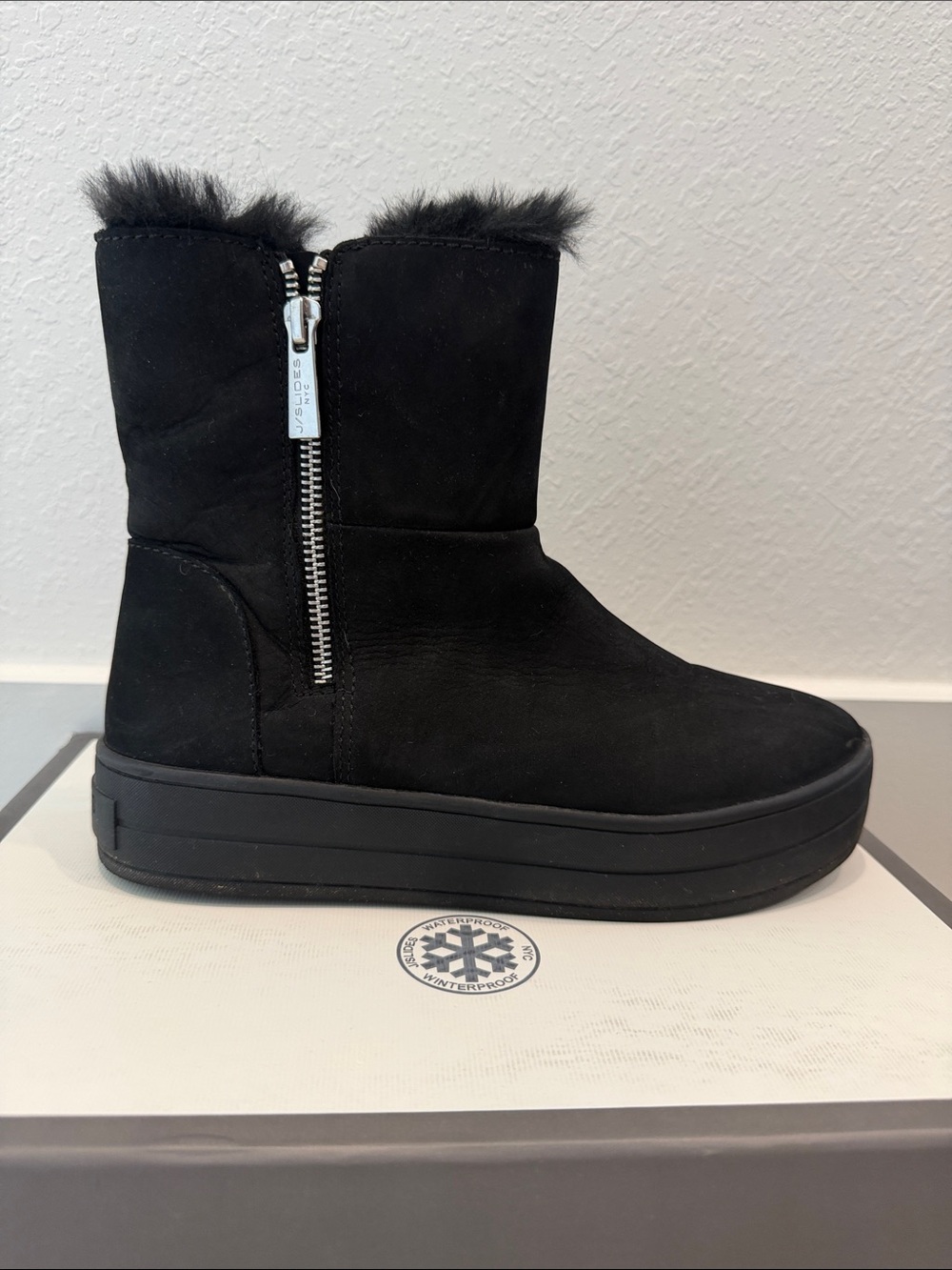 J/SLIDES Black Suede Fur-Trim Platform Ankle Boots